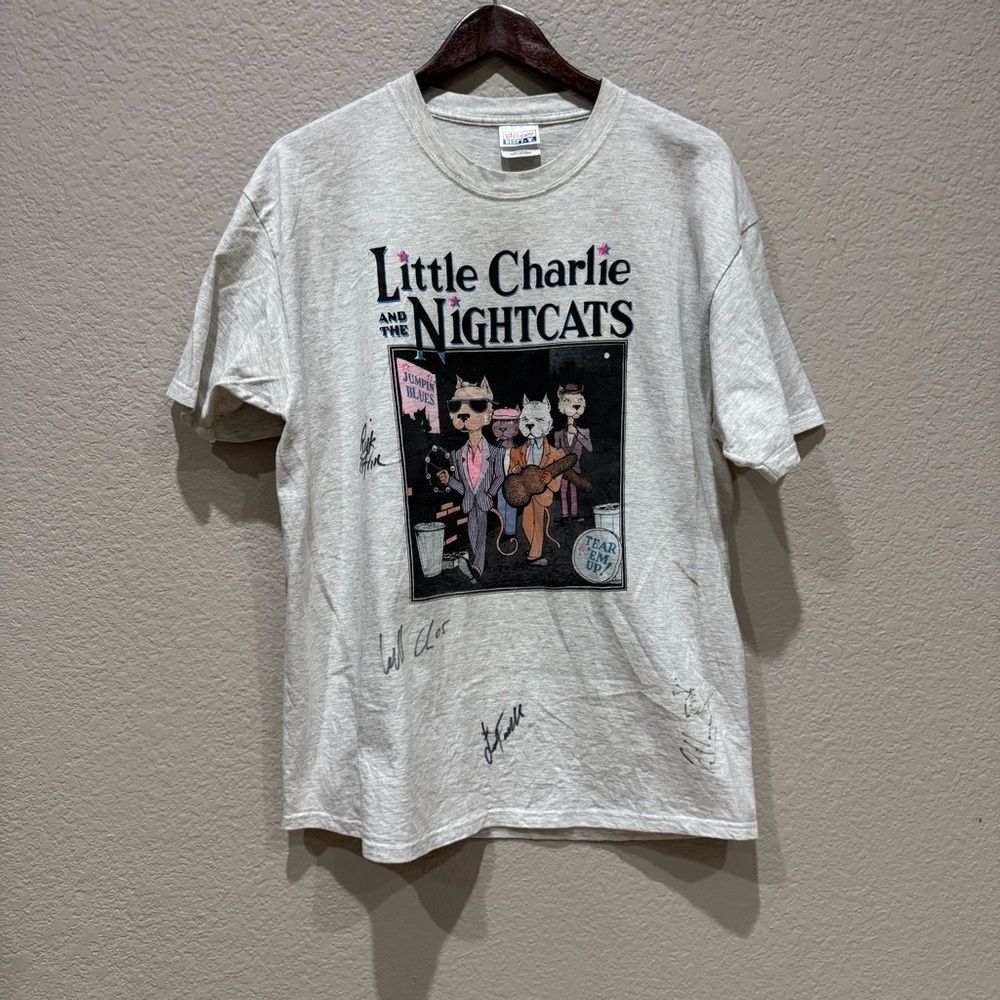 Vintage Little Charlie and the Nightcats Graphic T-Shirt Gray Autographed Large